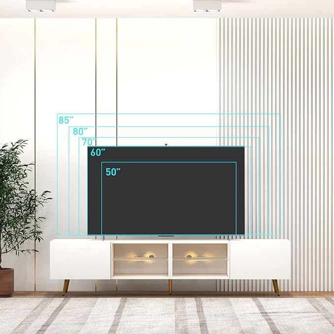 Bonzy Home 86" LED TV Stand, Modern Entertainment Center up to 75" 80" 85" TV, Television Console Table with Storage Cabinets for Living Room, White