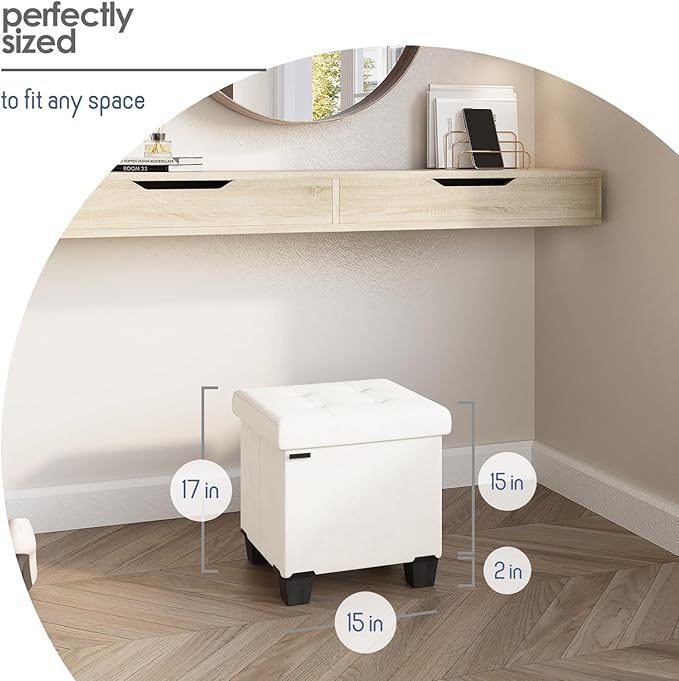 STORAGEBUD Storage Ottoman Cube with Small Bin, 15-in Square Ottoman with Storage for Living Room and Bedroom, Small Ottomans Foot Rest, Velvet Foot Stools Ottomans Max 330lbs, Cream