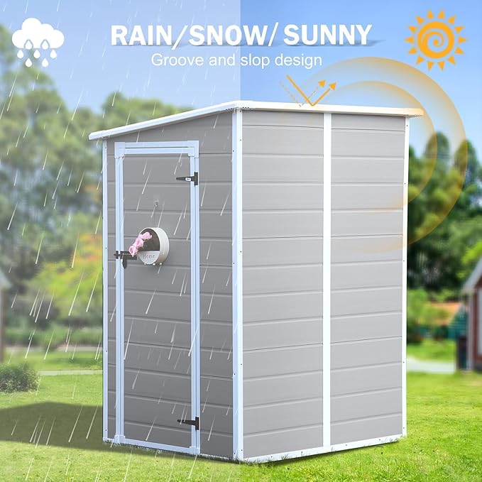 CDCASA 5x4 FT Resin Storage Shed, Waterproof Sheds & Outdoor Storage with Floor & Window & Lockable Door, Tool Shed for Garden, Patio, Backyard, Light Grey