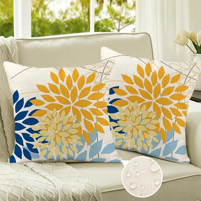 RABUSOFA Outdoor Pillow Covers 18x18 Inch Set of 2 Yellow Blue Flower Decorative Waterproof Spring Summer Floral Outdoor Cushion Covers for Patio Funiture Garden Couch Decor