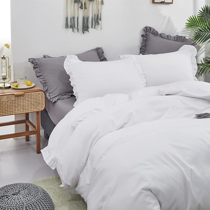 Luxlovery White Comforter Set California King Ruffle White Bedding Comforter Set Plain White Shabby Chic Farmhouse Blanket Quilts Vintage Rustic Bedding Set for Cal King Bed