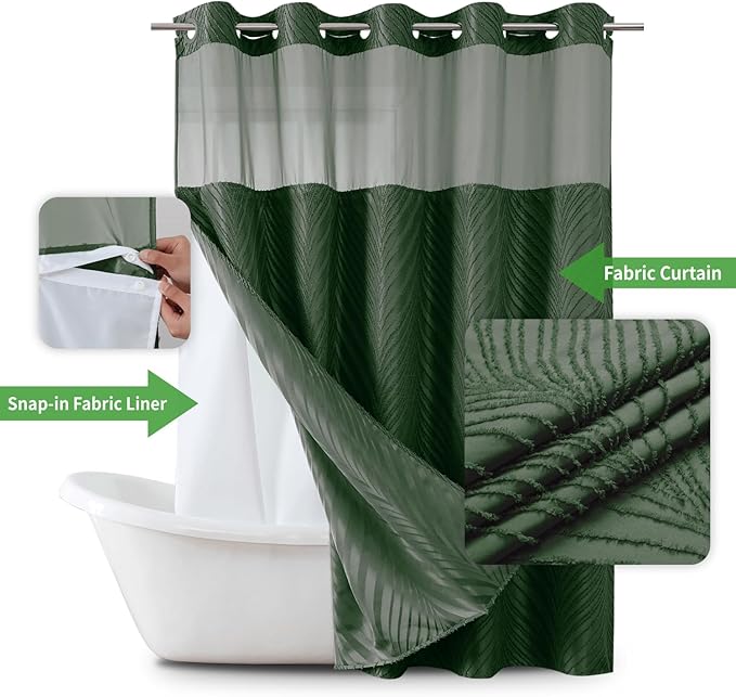 No Hook Shower Curtain and Liner Set,No Hook Tufted Striped Textured Shower Curtain with Snap in Liner Replacement and Waterproof Fabric,Boho Style with See Through Top Window,DarkGreen,71Wx86H