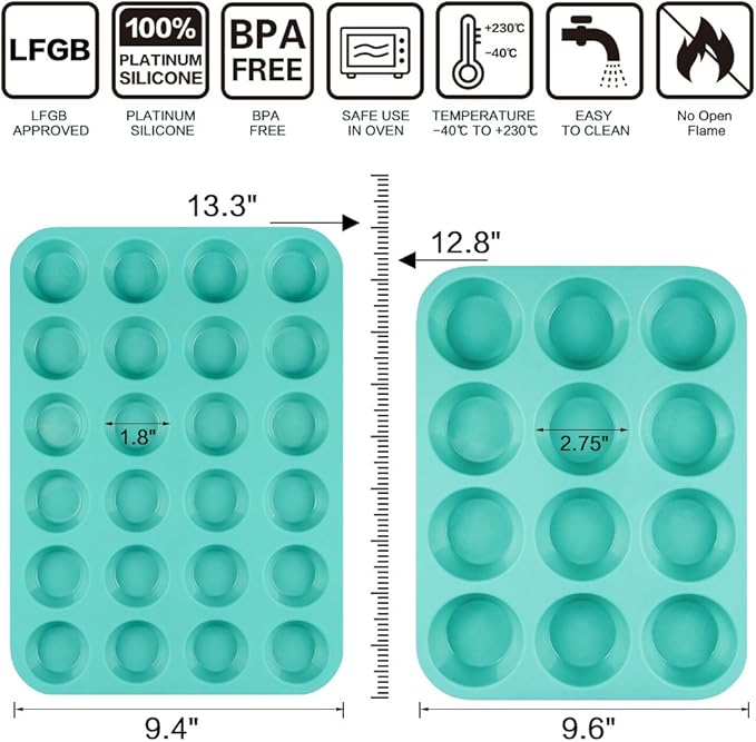 CAKETIME Silicone Muffin Pan Cupcake Pan Set - Mini 24 Cups and Regular 12 Cups Muffin Tin, Nonstick Food Grade Molds with 12 Baking Cups