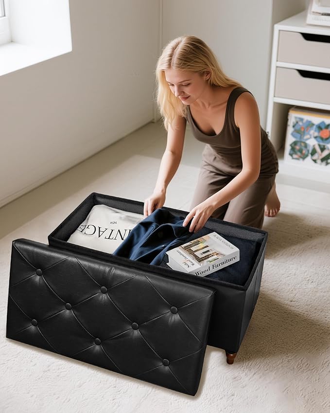 GLAXYFUR 30 Inches Storage Ottoman Bench with Wooden Legs, Faux Leather Folding Ottoman Foot Rest, Storage Bench for Living Room, Hallway & Bedroom, Upgrade Large Capacity (Engineered Wood, Black)