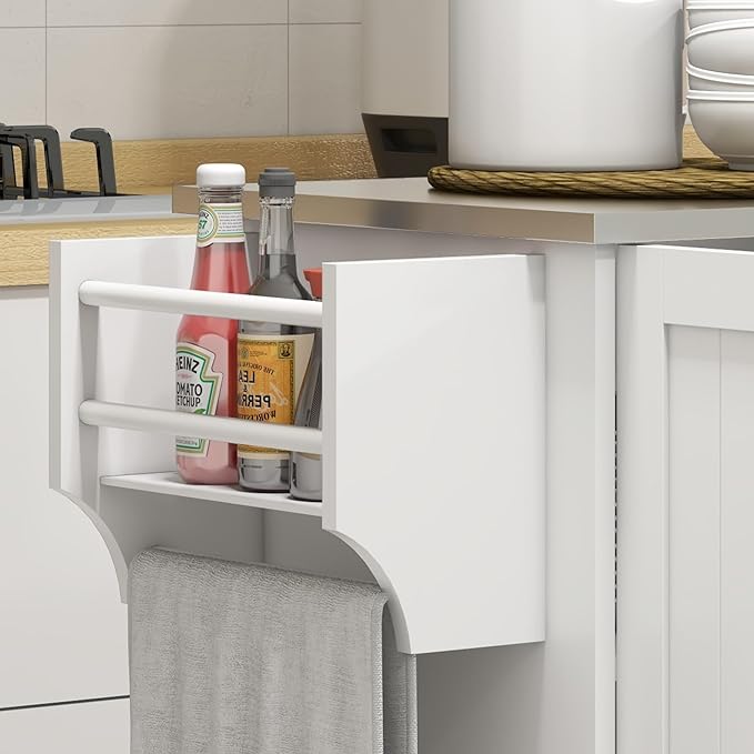 HOMCOM Kitchen Island with Storage, Rolling Kitchen Island on Wheels with Drawer, 3 Cabinets, Stainless Steel Countertop, Spice Rack and Towel Rack, White
