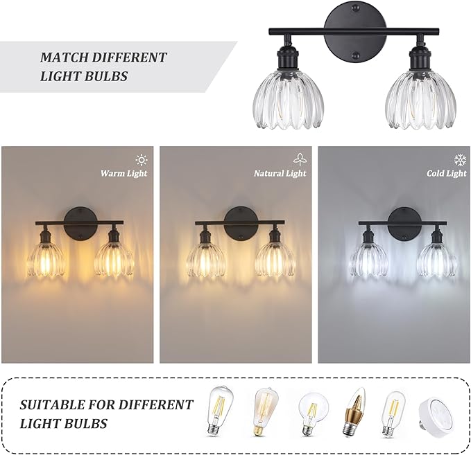 Bathroom Light Fixtures, 2-Light Black Vanity Wall Light Over Mirror with Clear Tulip Glass Shade for Bedroom Living Room