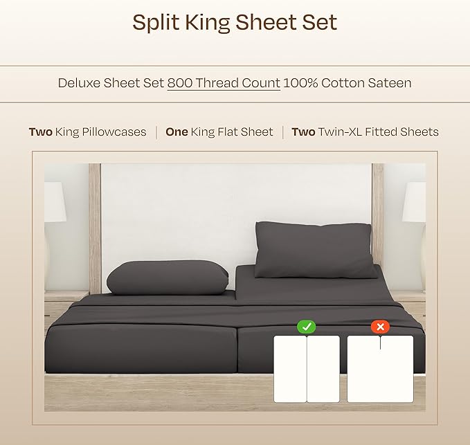 California Design Den Split King Sheets for Adjustable Bed - Buttery Soft 800 Thread Count, 100% Cotton Set - Beats Fake Egyptian Claims, Sateen Bedding Set with Durable Twin XL Fitted Sheets (Grey)