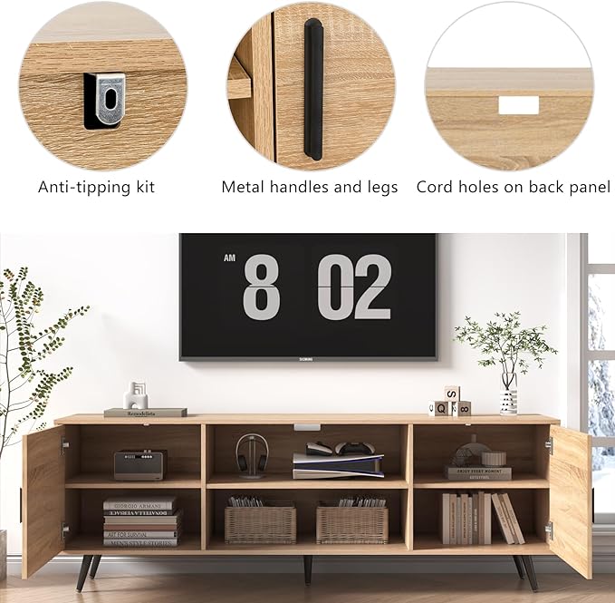 AUXSOUL Mid Century Modern TV Stand - 70" for 75" TV, Wood with Storage, Entertainment Center for Living Room & Bedroom, Media Console, Oak