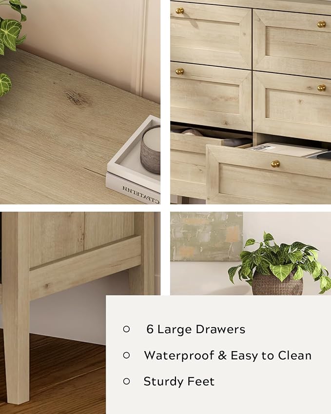 6 Drawer Dresser for Bedroom 47" Wide Chest of Drawers Mid Century Modern Wooden Storage Dresser Organizer TV Stand for Living Room, Hallway, Light Oak