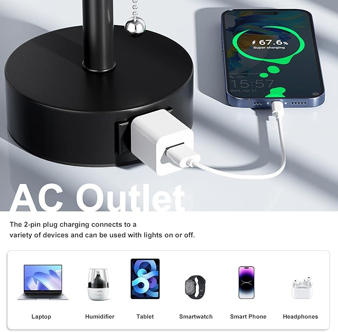 Bedside Table Lamps Set of 2-3 Color Temperatures Pull Chain Lamp with AC Outlet Charging Port, Round Night Stand Lamps for Bedroom Guest Room Office, Small Bed Side Light with E26 LED Bulbs