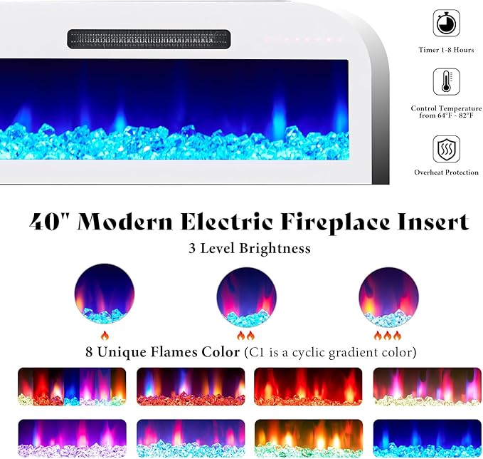 AMERLIFE High Gloss Fireplace TV Stand with 40" Fireplace, 80" LED Lights Entertainment Center with Flip Doors & Corner Glass Decor, Modern TV Console Table for TVs up to 90", Living Room, White&White