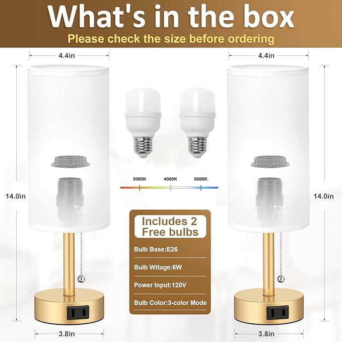 Gold Bedside Table Lamps Set of 2-3 Color Temperatures Pull Chain Lamp with AC Outlet Charging Port, Two Round Night Stand Lamps for Bedroom Office Living Room