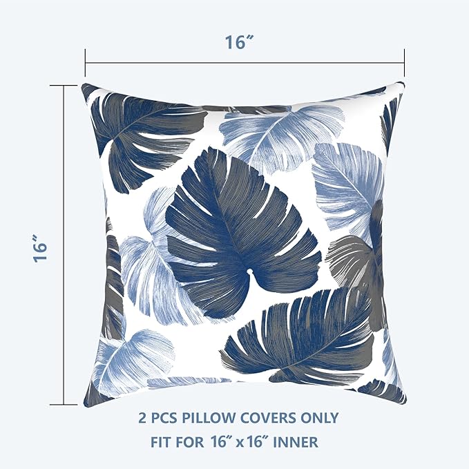 LVTXIII Outdoor Throw Pillow Covers 16 x 16 Inch, Covers ONLY Modern Cute Pattern Decorative Square Toss Pillow Case Pack of 2 for Home Patio Garden Sofa Bed Furniture, Monstera Blue