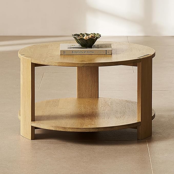 mopio Logan Solid Wood 2-Tier Round Coffee Table, Modern Farmhouse Solid Rubberwood with Light Wire Brush Rectangle Shaped Leg