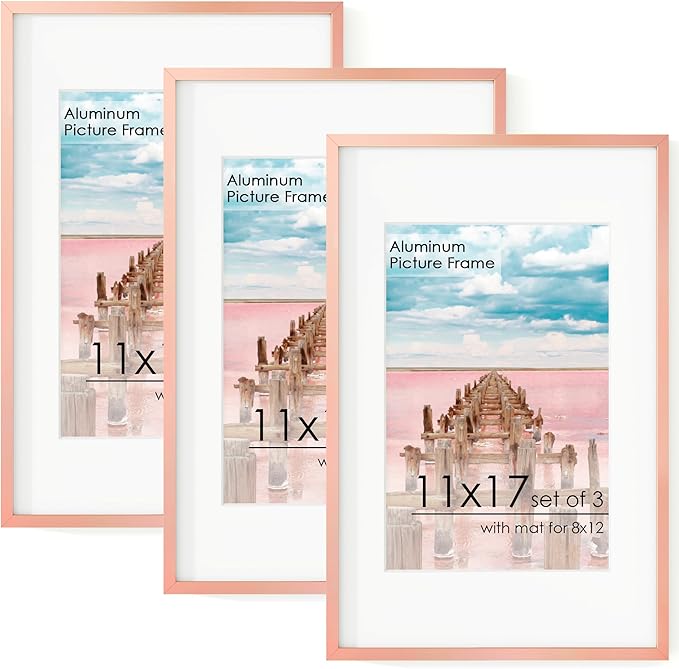 11x17 Metal Picture Frame for Wall With Mat for 8x12, 11''x17'' Aluminum Photo Frames With Tempered Glass for Home Decor, Minimalist Modern Poster Frame Horizontally & Vertically, 3 PCs, Rose Gold