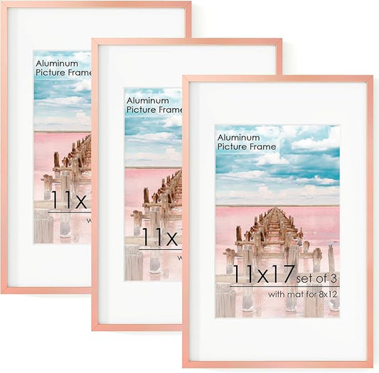 11x17 Metal Picture Frame for Wall With Mat for 8x12, 11''x17'' Aluminum Photo Frames With Tempered Glass for Home Decor, Minimalist Modern Poster Frame Horizontally & Vertically, 3 PCs, Rose Gold