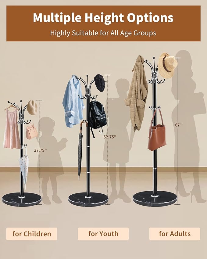 Metal Coat Rack with Natural Marble Base,360°Rotary Coat Rack Stand with 14 Hooks,Modern Freestanging Coat Racks for Entryway,Office,Black Coat Jacket Hanger Tree Stand for Coats, Scarves