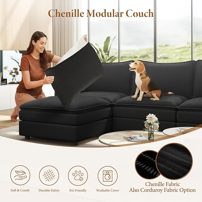Vesgantti Large Modular Sectional Sofa, Big Comfy Cloud Couch with Ottoman Deep Seat Chenille Cloud Sofa, 9 Seater Large Sectional Couches for Living Room, Bedroom and Apartment, Black