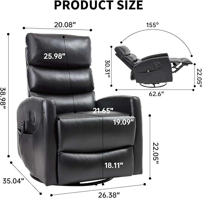 PELUMY Massage Recliner Chair with Heat - Manual Rocker Swivel Recliner, 360° Rotation & 155° Recline for Living Room（Breathable Leather, Black）