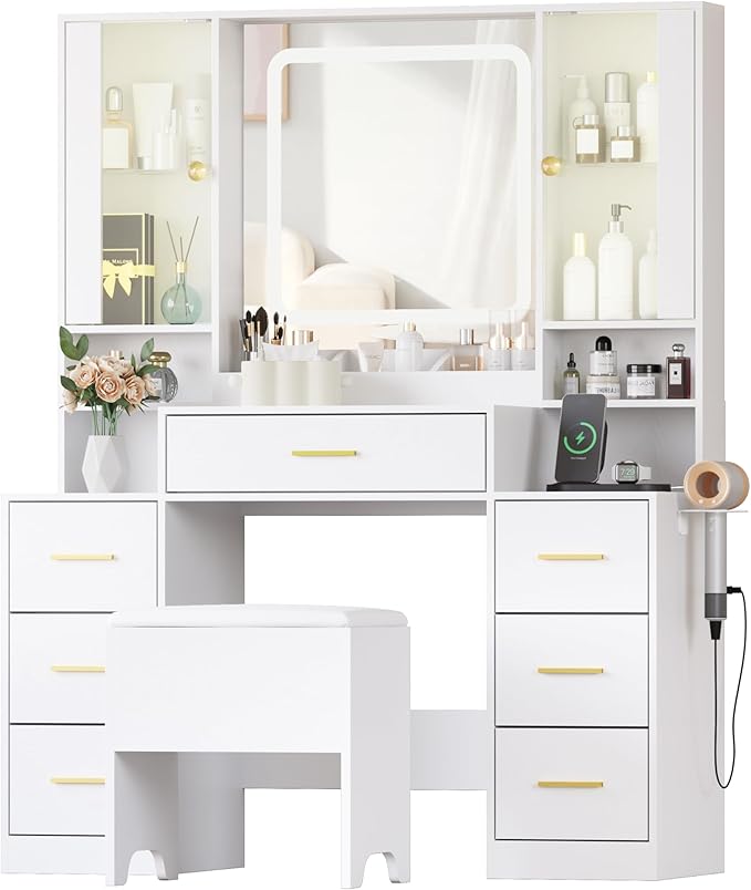 White Makeup Vanity Desk with Mirror & Lights, Modern Vanity Table with Charging Station, 7 Drawers, Glass Cabinet, Shelves & Cushioned Stool, Bedroom Dressing Table Set for Women & Girls