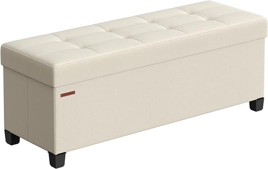 SONGMICS Storage Ottoman Bench, Foldable Foot Rest with Legs, 15 x 43 x 15.7 Inches, End of Bed Bench, Storage Chest, Load up to 660 lb, for Living Room, Bedroom, Entryway, Cream White ULSF018W01
