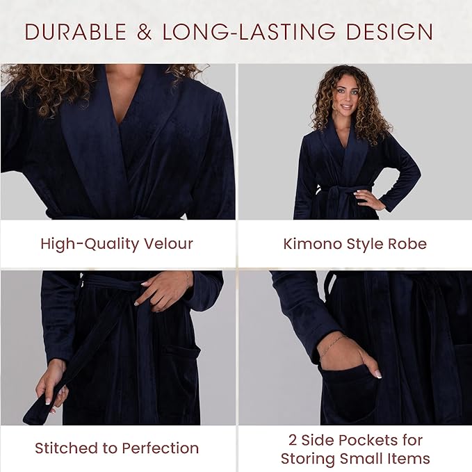 Be Relax Terry Velour Robe - Made of Polyester, Shawl Collar Robe with Belt & Side Pockets, Soft & Warm Bathrobe for Women