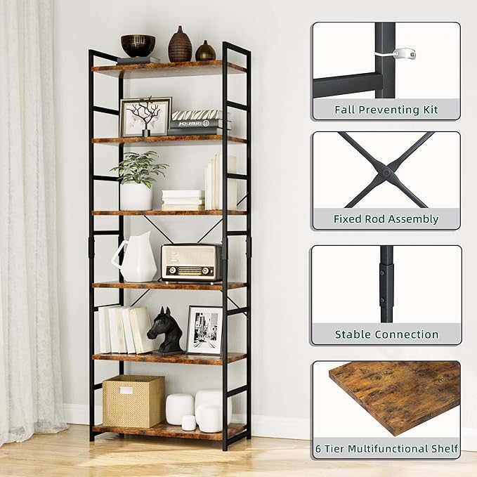 OTK 6 Tier Adjustable Bookshelf, Tall Bookcase, Office Shelf Storage Organizer, Modern Book Shelf for Living Room, Bedroom, and Home Office, Vintage