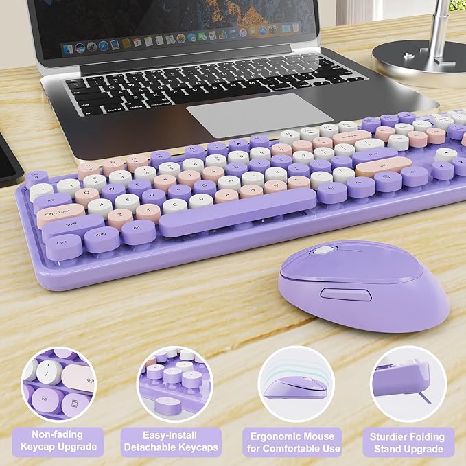 Wireless Keyboard and Mouse Combo, Ergonomic Full Size Typewriter Retro Round Keycaps Keyboard, Compatible with Windows, PC, Perfer for Home and Office Keyboards (Purple