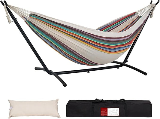 Lazy Daze Hammocks Double Hammock with 9ft Space-Saving Steel Stand Includes Portable Carrying Case, 450 Pounds Capacity (Tan Stripe)