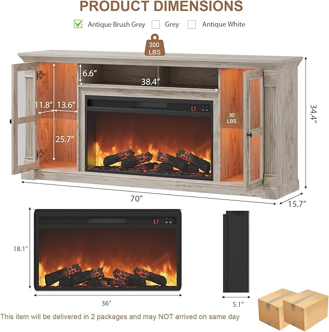Farmhouse Fireplace TV Stand Up to 80" TVs, 70" Modern Highboy Entertainment Center with 36" Electric Fireplace & LED Lights, Media Console with Adjustable Shelves for Living Room, Antique Brush Gray