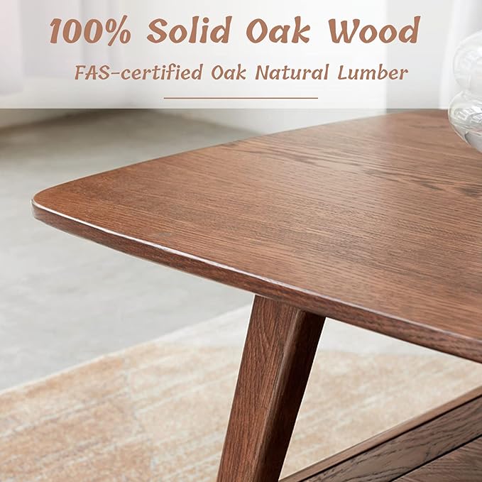 Wood Coffee Table - 100% Solid Oak Wood - Double Storage Coffee Table, Eco-Friendly Finish Center Table - Easy Assembly (Walnut, 47.24" D x 22.04" W x 17.32" H)