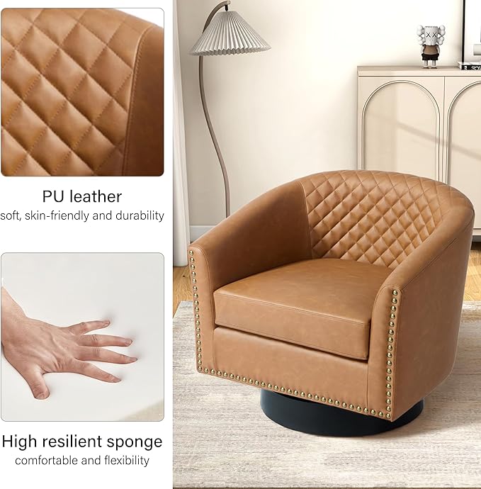 Swivel Barrel Accent Chair, Comfy Modern Upholstered Round Faux Leather Arm Chair for Living Room, Bedroom（Coffee, Set of 4