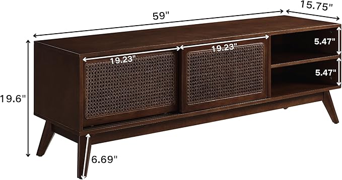 59 inch Mid Century Modern TV Stand with Rattan Cabinet Doors, Boho Entertainment Center for 55/60/65 inch TVS, Media Console for Living Room/Bedroom, Dark Walnut