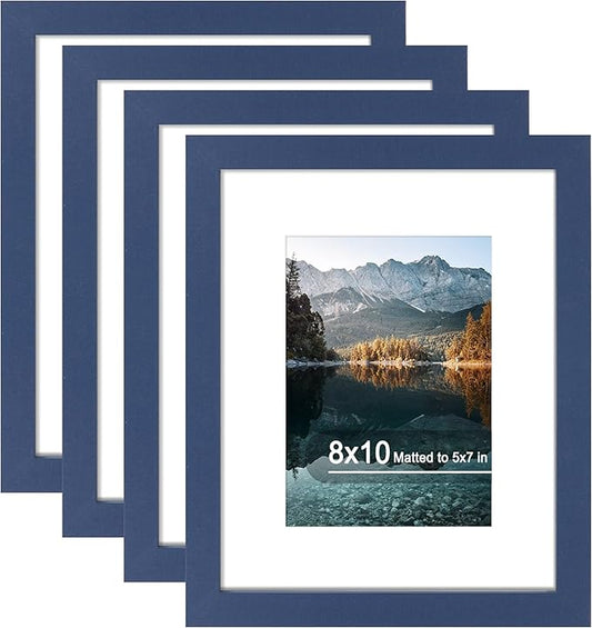 8x10 Picture Frame Set of 4, High Definition Real Glass, Display Pictures 5x7 with Mat or 8x10 Without Mat, Gallery Wall Hanging or Tabletop Photo Frames, Blue