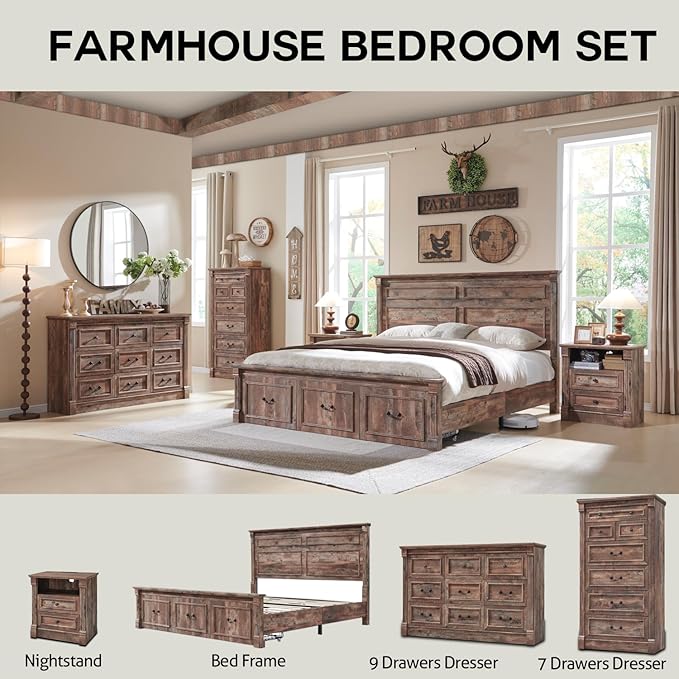 9 Drawers Dresser for Bedroom, Farmhouse 55" Wide Dressers & Chests of Drawers w/Roman Column, Large Storage Dressers Organizer for Bedroom, Living Room, Hallway, Light Brown