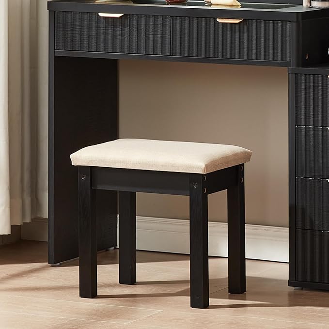 LEYAOYAO Vanity Stool, Elegant Makeup Stool with Comfortable Fabric Cushion, Sturdy Wooden Frame, Modern Vanity Bench for Bedroom and Bathroom-Classic Black