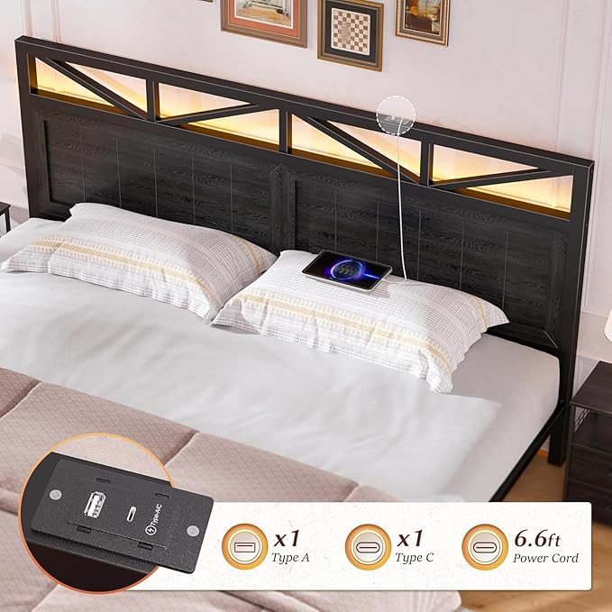 EnHomee King Size Bed Frame with Headboard and Storage, 2 Drawers & LED Farmhouse King Bed Frame with Storage Built in Charging Station,NO Noise,No Box Spring Needed,Black