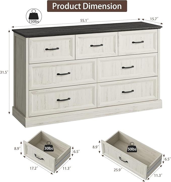 Farmhouse 7 Drawer Dresser for Bedroom, 55 Inch Wide Modern White Dresser TV Stand with Large Drawers & Bar Handles, Rustic Wood Chest of Drawers for Bedroom, Living Room, Hallway, Entryway.