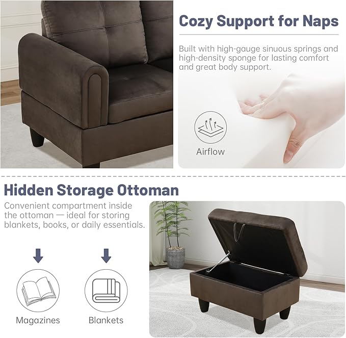 L-Shape 3-Piece Cloud Sofa, Couch for Living Room, Dark Brown Flannel Fabric L-Shape with Reversible Chaise & Storage Ottoman, Ergonomic 110–115° Recline, Solid-Wood Frame