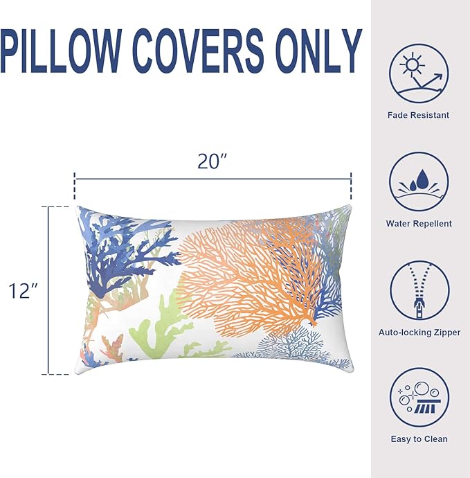 Pack of 2 Outdoor Lumbar Pillow Covers, All Weather Cushion Pillow Cases 12x20 Inch, Pillowcase for Patio Couch Decoration, Coral Multi