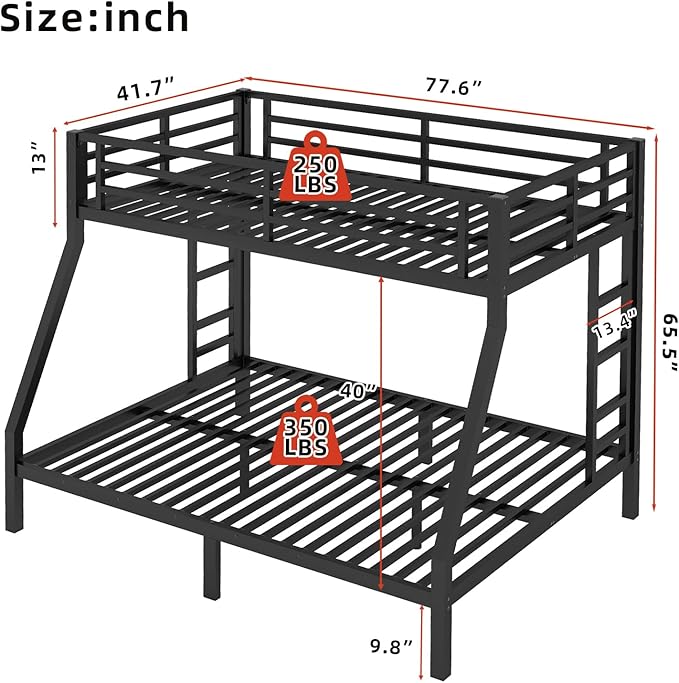 Twin Over Full Bunk Bed Frame, Heavy Duty Metal Loft Bed for Adults/Teens, 250/350LB Capacity w/Ladder & Guardrail, Noise-Free Steel Slats, No Box Spring Required, Black