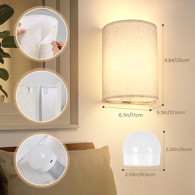 Battery Operated Wall Sconces Set of 2,Rechargeable Wall Lights with Remote Control,15 RGB Colors Dimmable Wall Light with fabric shades,Magnetic Wall Lamp Fixtures for Bedroom Living Room Hallway