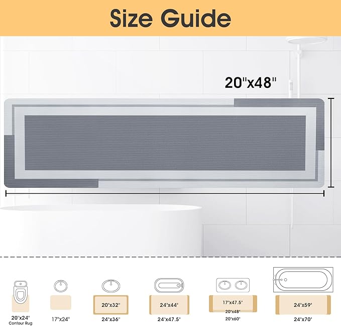 ACCUMTEK Ultra Thin Bath Mats Fit Under Door, Upgrade Backing Non Slip Bath Mat, Quick Dry Ultra Absorbent Bath Mat, Machine Washable Bathroom Rugs for Bathroom Floor, Bathtub, Kitchen, Grey, 48"x20"