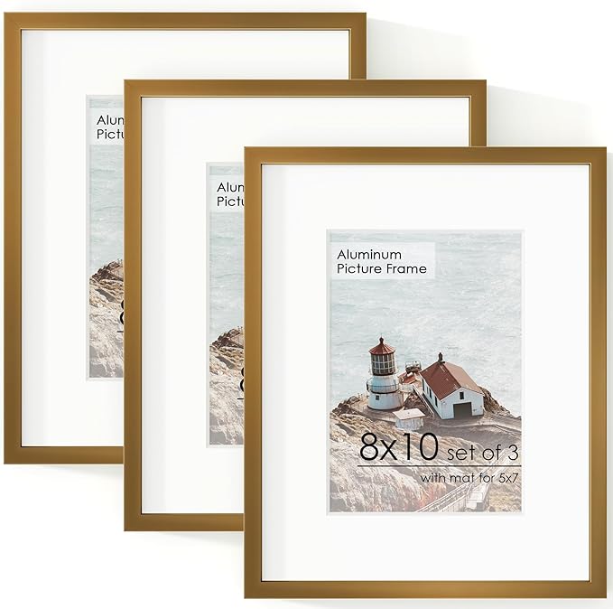 8x10 Picture Frame - 8x10 Metal Picture Frame With Mat | 8 x 10 Aluminum Photo Frame | Plexiglass And Hanging Hardware Included | Black 8 by 10 Frame, 3PCs, Bronze