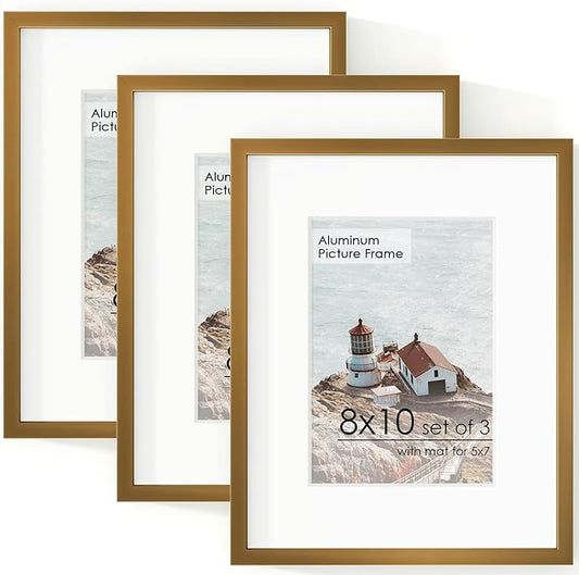 8x10 Picture Frame - 8x10 Metal Picture Frame With Mat | 8 x 10 Aluminum Photo Frame | Plexiglass And Hanging Hardware Included | Black 8 by 10 Frame, 3PCs, Bronze