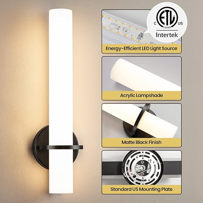 Black Wall Sconces, 18 inch Modern Wall Sconces Set of Two 18W 3000K LED Dimmable Bathroom Sconces with Acrylic Shade Indoor Wall Lights for Bedroom Living Room Hallway Stairway
