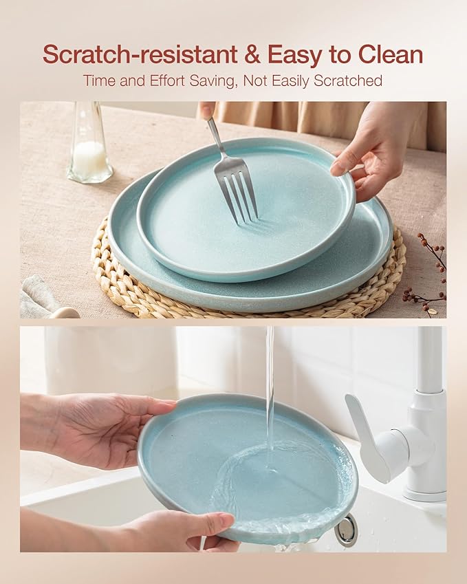 Famiware Milkyway Plates and Bowls Sets, 12 Pieces Dinnerware Sets, Reactive Glaze Dish Set, Stoneware Dishes Set for 4, Light Blue