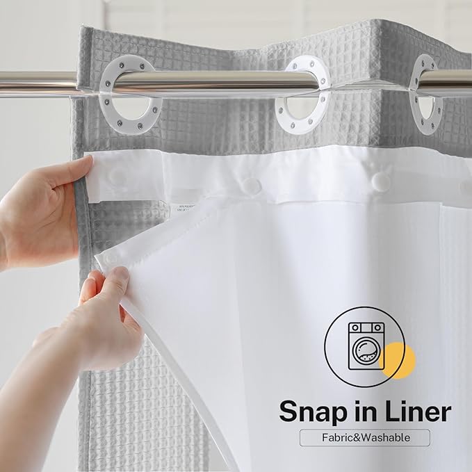 River Dream Extra-Long Waffle Weave Shower Curtain with Snap-in Liner,Cotton Blend Fabric Heavy Duty,No Hooks Needed Shower Curtain for Bathroom,Hotel Quality Shower Curtain Set,Grey,71x86 inches