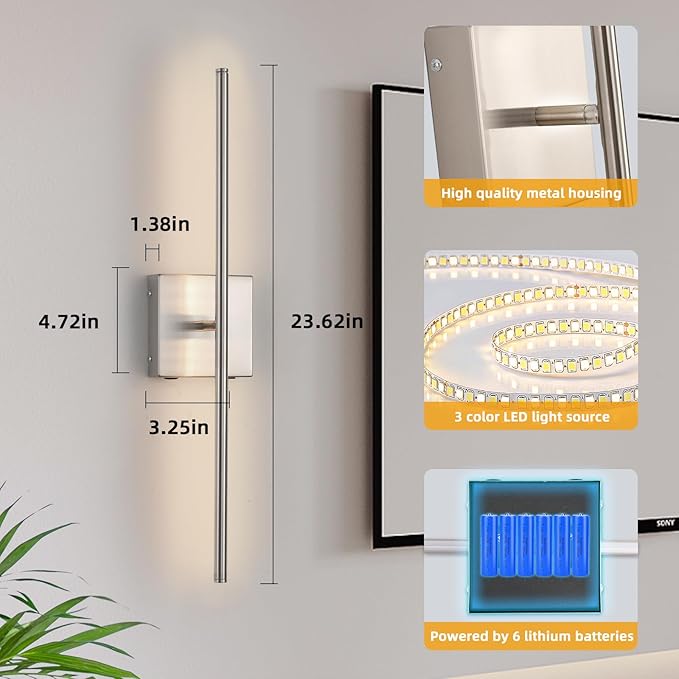 Battery Operated Wall Sconces Set of 2, Brushed Nickel Rechargeable LED Wall Sconce with Remote Control, 3000K-6000K Dimmable Wireless Wall Light for Living room Hallway Bedroom Stairs, 23.6 Inch
