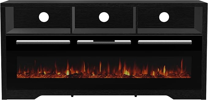 CharaVector 53" TV Stand for 50" Electric Fireplace, Entertainment Center with Power Outlets for 65+ inch TV, Black TV Cabinet with 3 Open Storage Cabinets, TV Console for Living Room (ONLY TV Stand)
